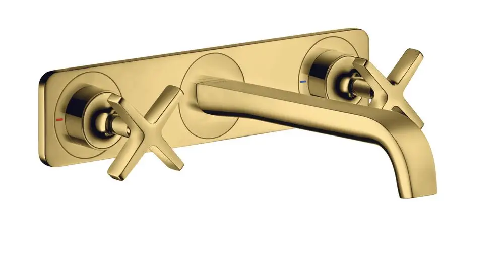 Wandmontierte Waschtischarmatur mit zwei Kreuzgriffen und einem Auslauf, in eckigem Design, hergestellt von AXOR. Oberfläche in Goldoptik.